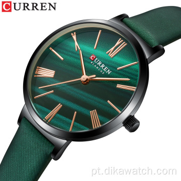 CURREN 9076 charme feminino relógios de pulso de couro pequeno mostrador verde relógio de quartzo presente de luxo para esposa vestido namorada vestido feminino relógio